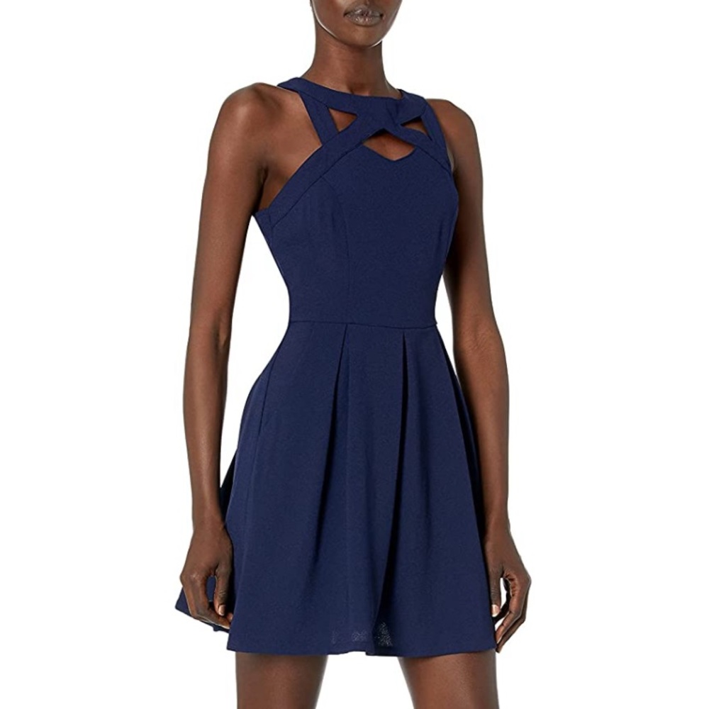 Speechless Cutout Oxford Navy A-line Crepe Pleated Mini Dress Fit & Flare Tank